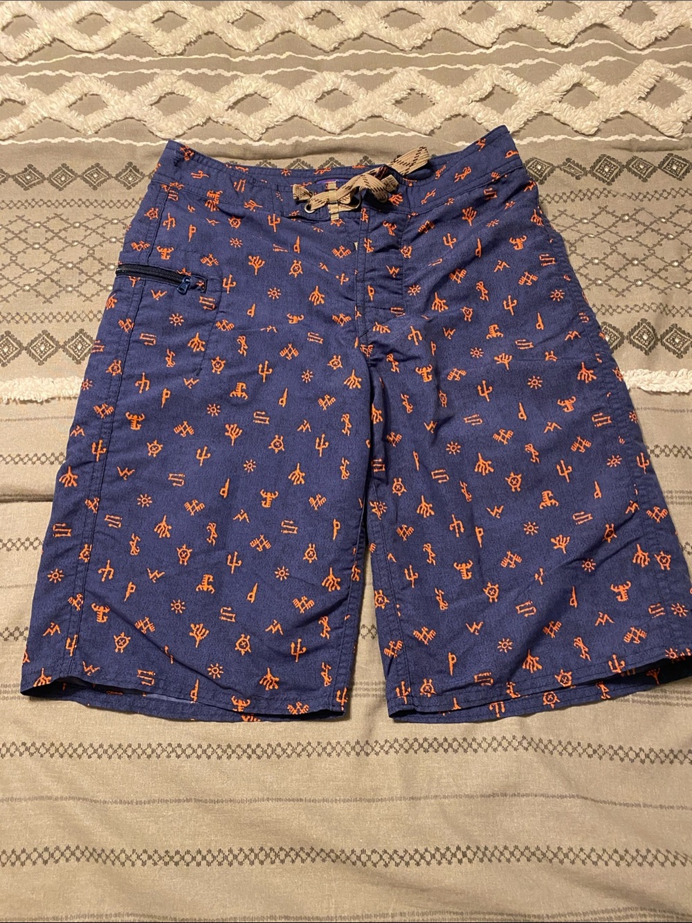 Patagonia Blue Swim Trunks with Orange Desert Print